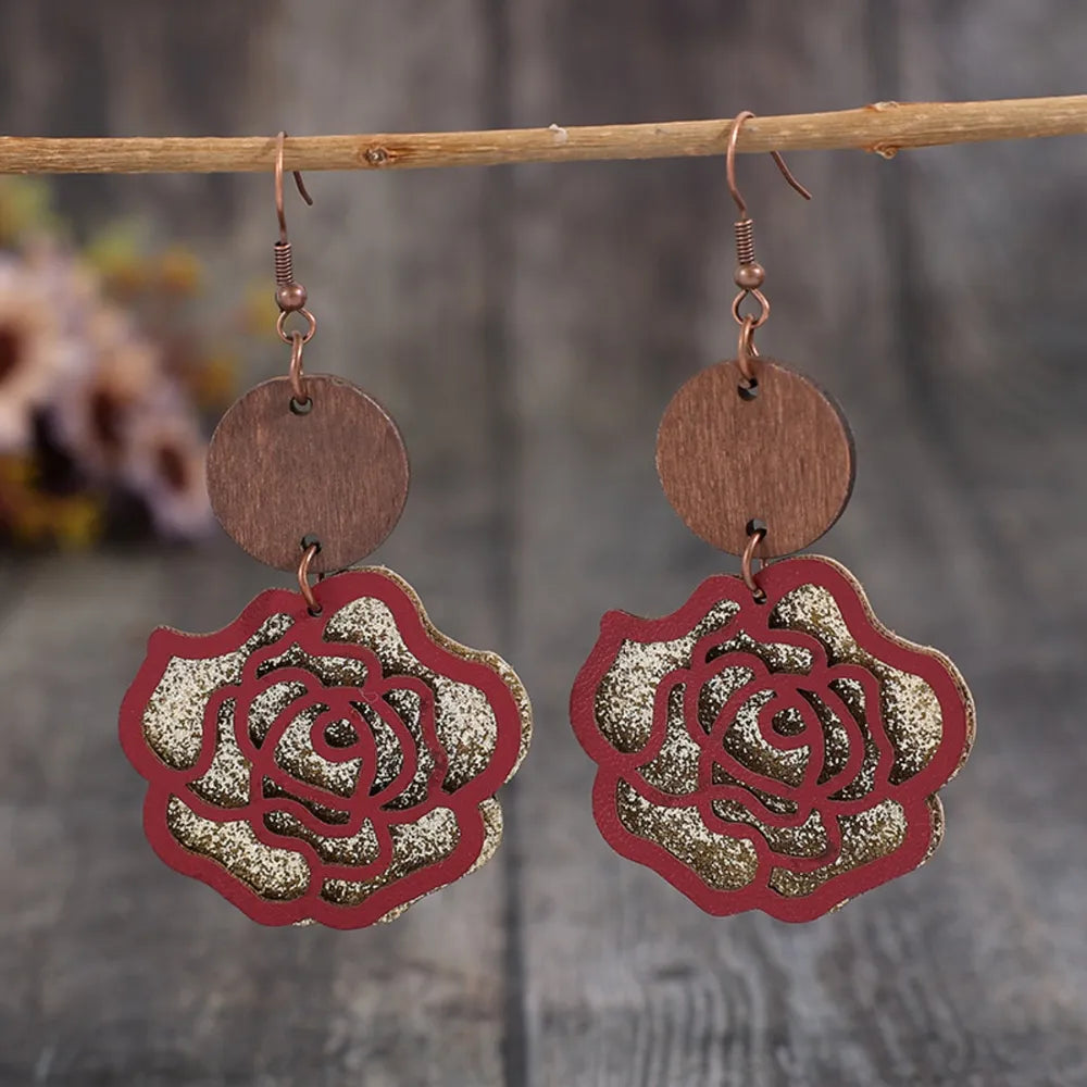 Layered rosewood drop earrings with red glitter rose design and wood accent