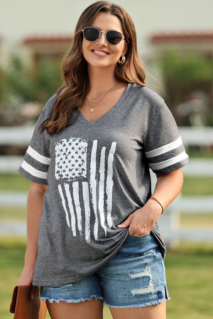 Dark gray v-neck t-shirt with distressed American flag graphic and white sleeve stripes.