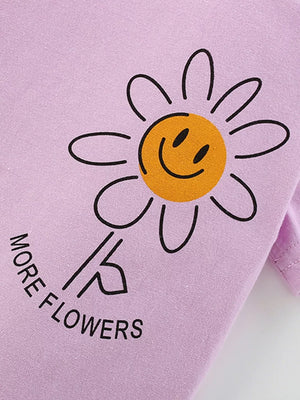 Girls' lilac cotton blend tee with smiley daisy graphic and text.