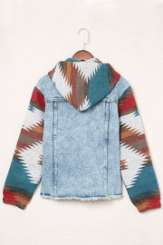 Light blue denim hoodie jacket with Southwestern print sleeves and hood, raw hem