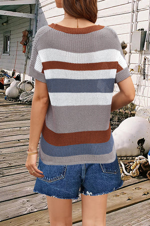 Coastal Stripe Knit Tee with short sleeves and a boat neckline, featuring horizontal stripes in tan, rust, blue, and grey.