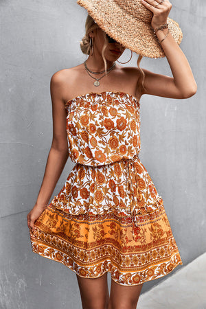 Floral print bandeau mini dress in caramel with ruffled hem and tie waist