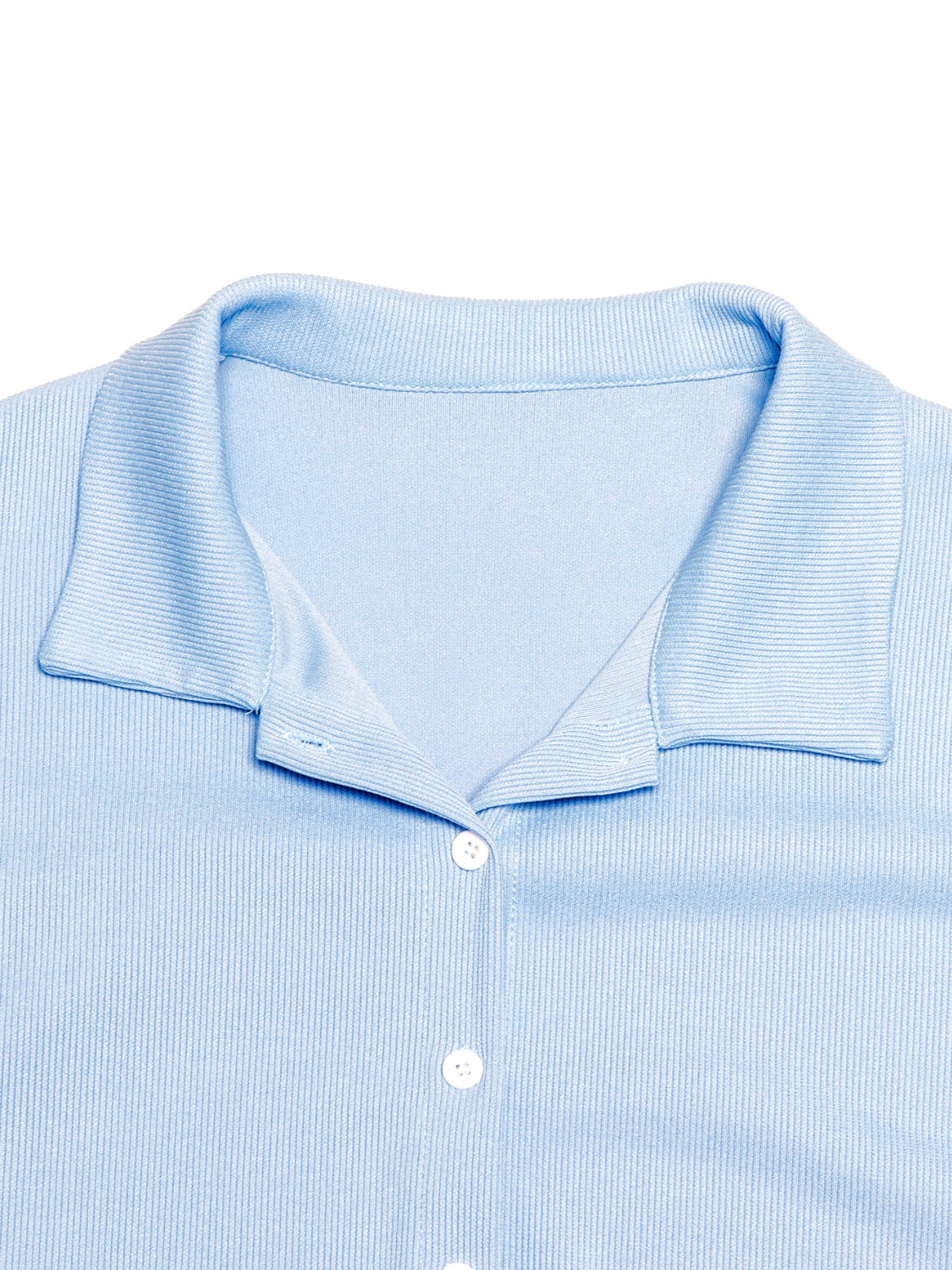 Light blue ribbed knit lounge shirt with button front and collar detail.