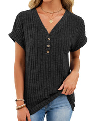 Black ribbed knit v-neck t-shirt with three buttons and short sleeves.