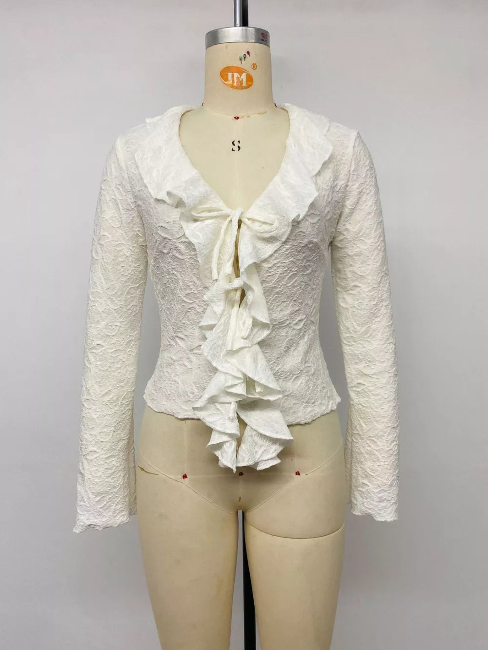 Ruffled Long-sleeve Tie-front Blouse, editorial view