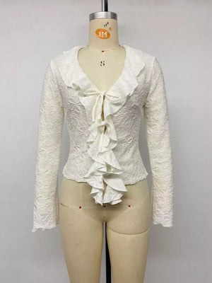 Ruffled Long-sleeve Tie-front Blouse, editorial view
