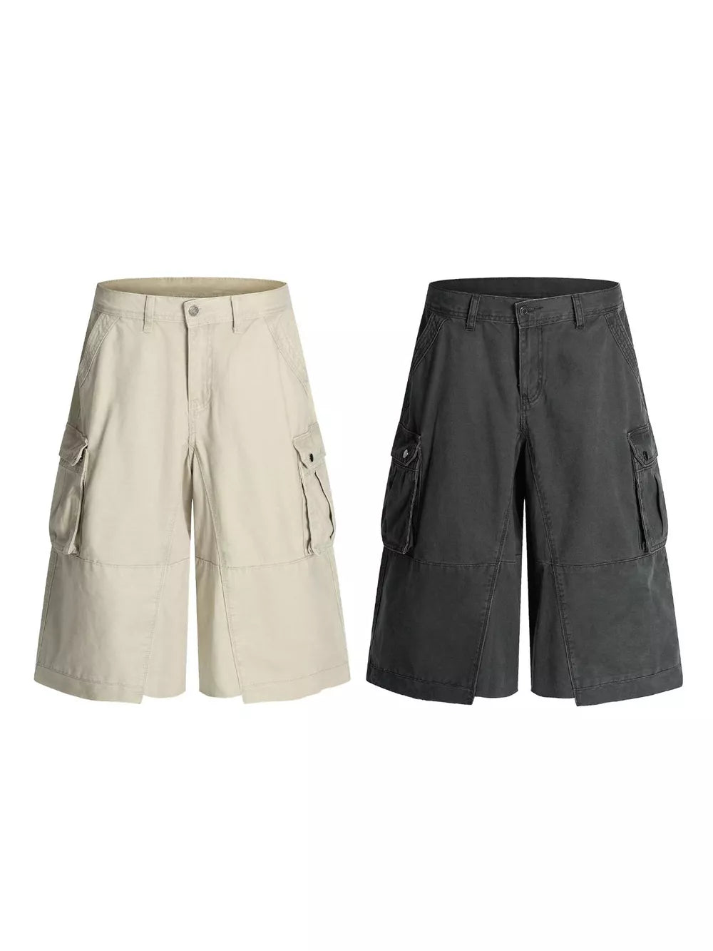 Men's utility cargo shorts in apricot and grey with multiple pockets.
