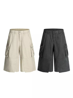 Men's utility cargo shorts in apricot and grey with multiple pockets.