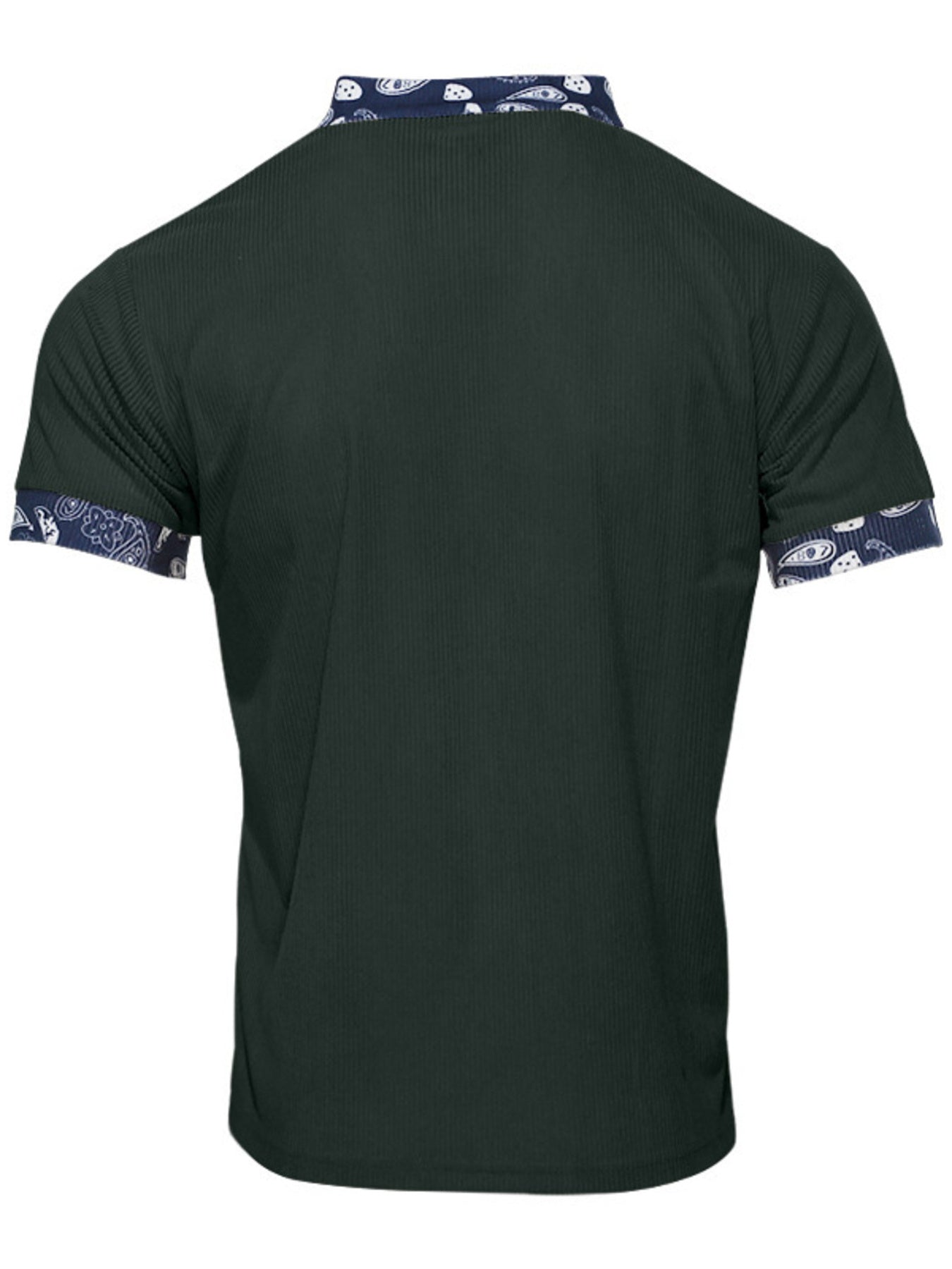 Men's dark green ribbed t-shirt with paisley collar and sleeve details