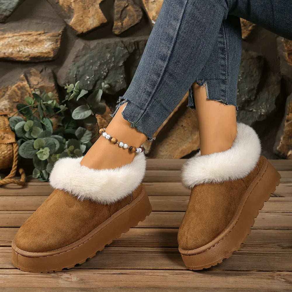 Cozy Khaki fuzzy trim platform slippers with chunky sole.