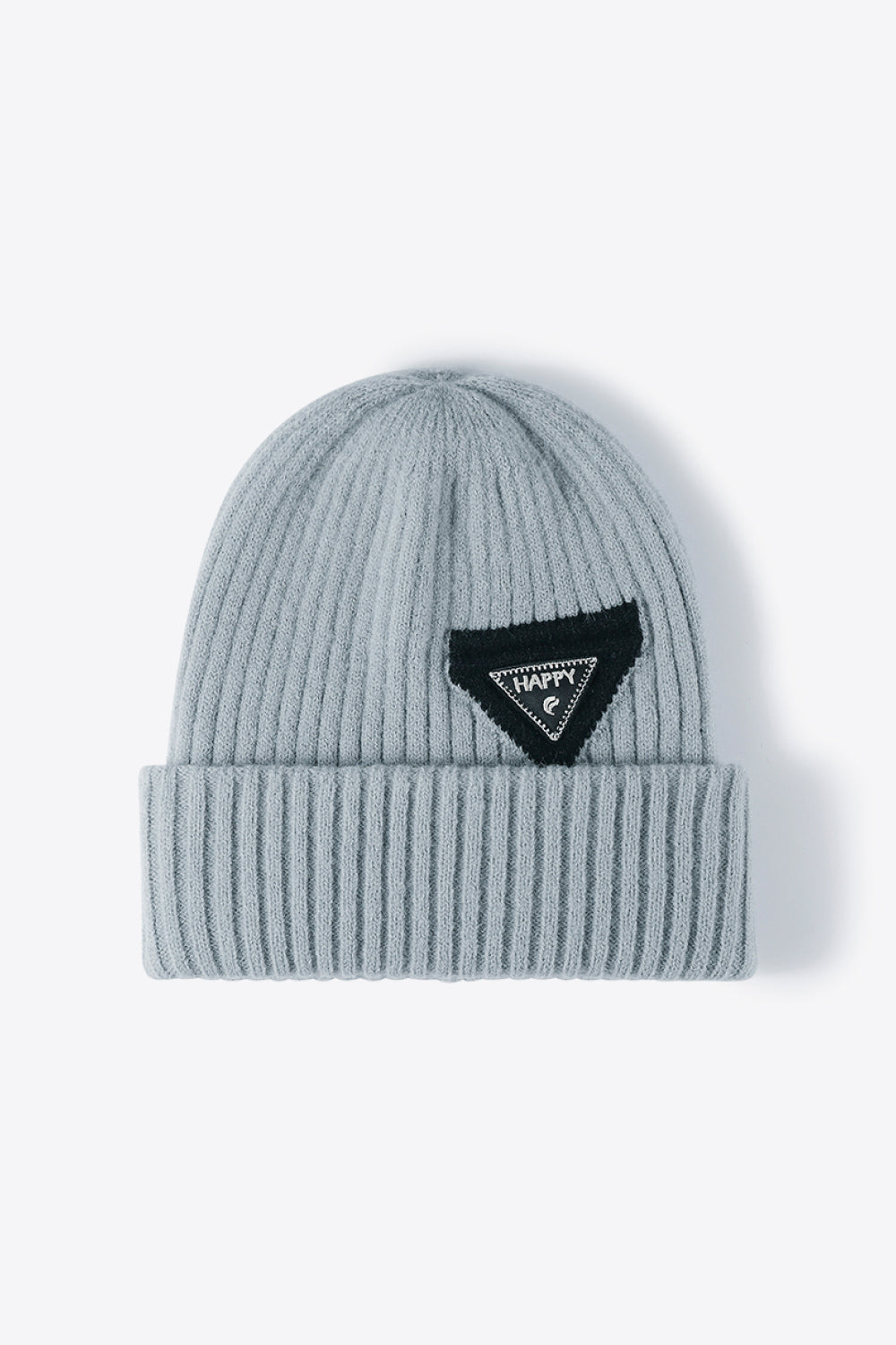 Steel ribbed acrylic beanie with a black triangle patch with "HAPPY" text.