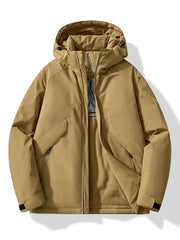 Khaki hooded windbreaker jacket with zip pockets and fleece lining.