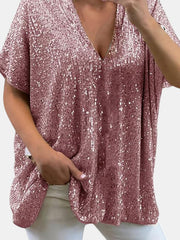 Sequin V-neck top in Deep Rose with short sleeves and a slouchy fit.