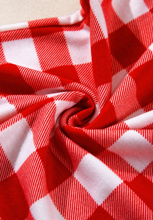 Festive red and white gingham pajama set detail, cotton blend fabric