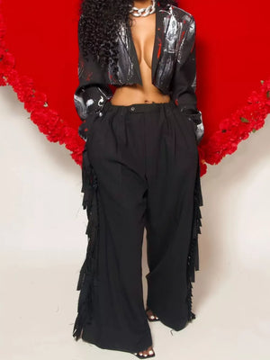 Wide-leg Pants With Fringed Details in Black, view 11