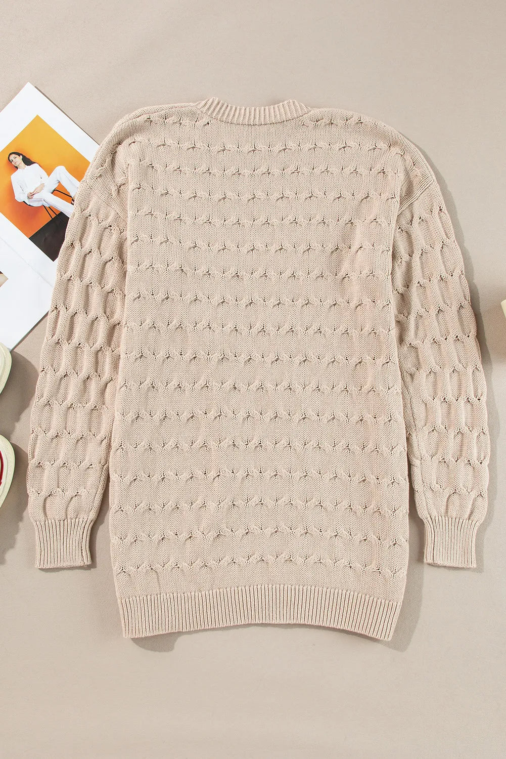 Textured cable knit open cardigan in Dust Storm with a crew neck and ribbed cuffs and hem.