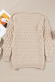 Textured cable knit open cardigan in Dust Storm with a crew neck and ribbed cuffs and hem.
