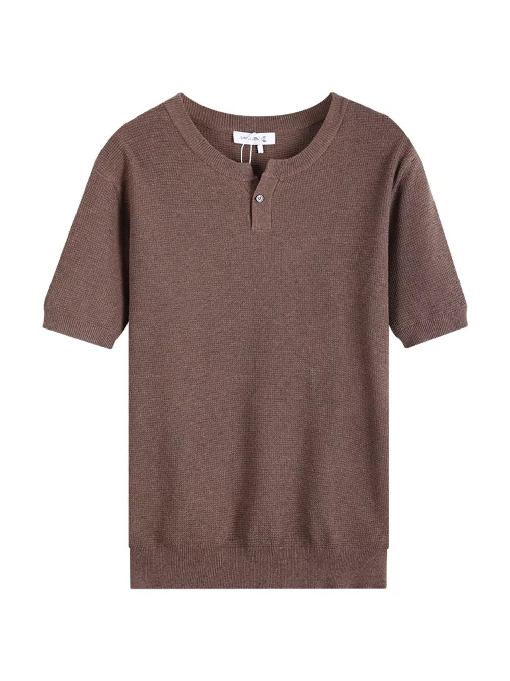 Men's taupe knit henley t-shirt with short sleeves and a two-button placket.