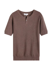 Men's taupe knit henley t-shirt with short sleeves and a two-button placket.