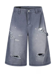 Men's Distressed Wide-leg Denim Capris in Blue, front view