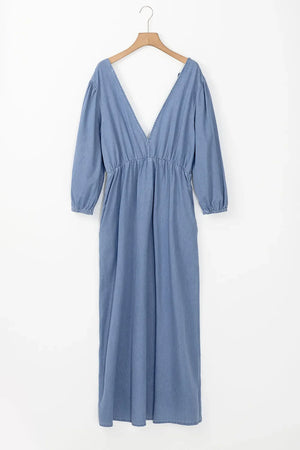 Light denim plunge back maxi dress with long sleeves and elastic waist