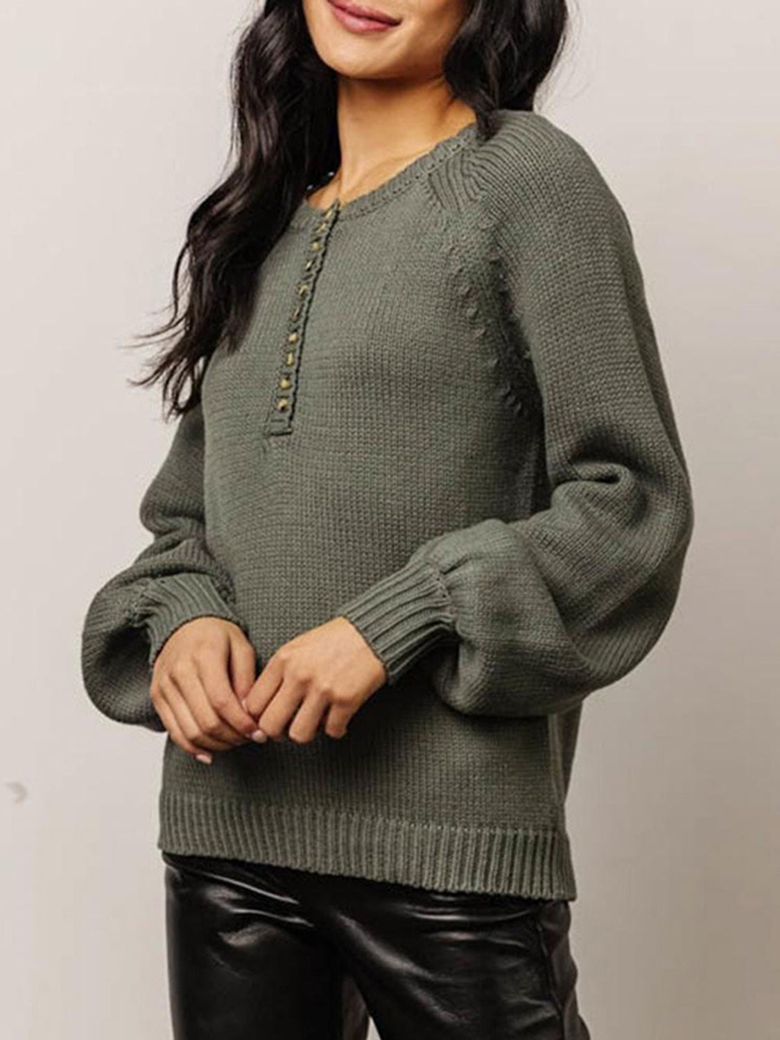 Army green acrylic balloon sleeve henley knit sweater with button detail