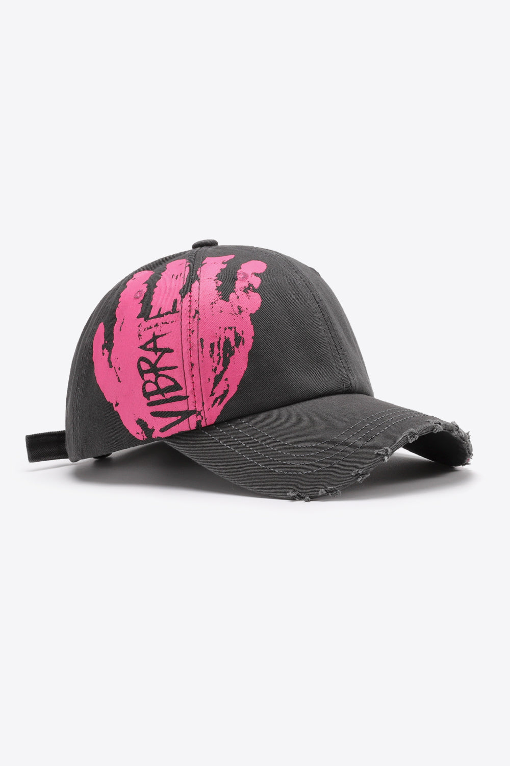 Dark gray baseball cap with distressed brim and pink VIBRA graffiti graphic.