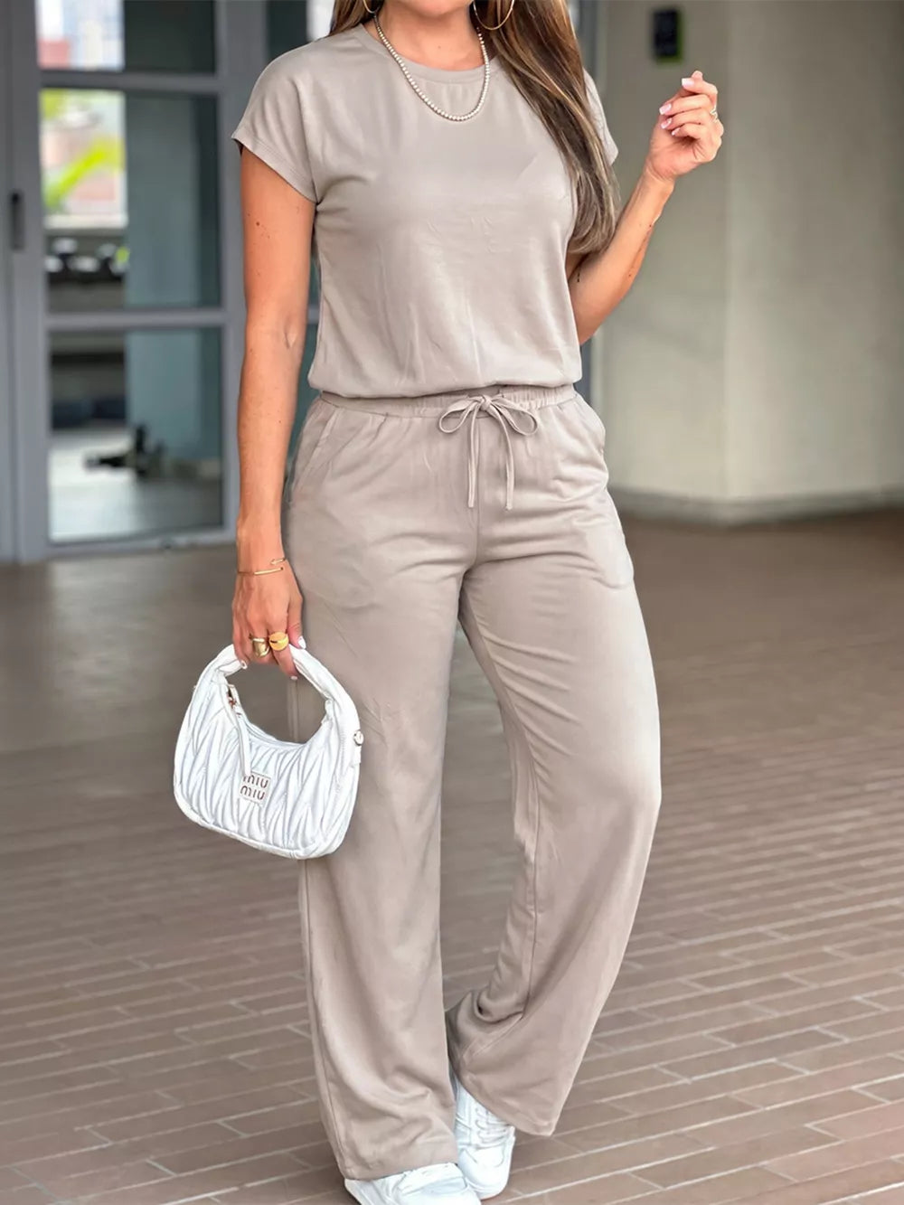 Round Neck Tee And Drawstring Pants Set in Khaki, front view