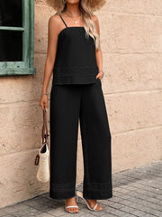 Black lace trimmed cami and wide-leg pants set with eyelet detail