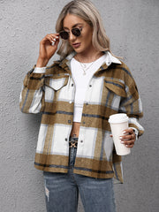 Overshirt in camel plaid with button-up front and chest pockets.