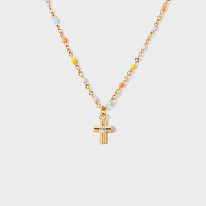Gold necklace with rainbow beads and a diamond cross pendant