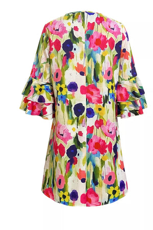 V-neck Ruffle Sleeve Floral Mini Dress in Multicolor, side view