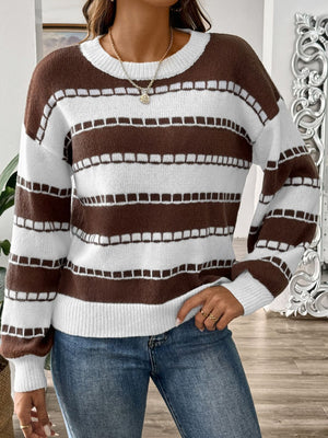 Textured stripe crewneck sweater in chocolate and white knit with a casual fit.