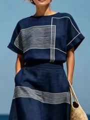 Full Size Striped Round Neck Top And Skirt Set, model styling view