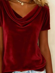 Burgundy velvet t-shirt with short sleeves and a luxurious cowl neckline.