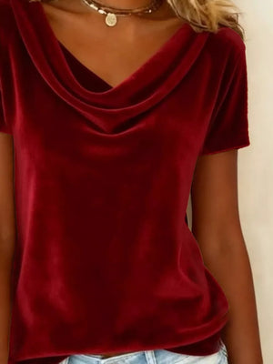 Burgundy velvet t-shirt with short sleeves and a luxurious cowl neckline.