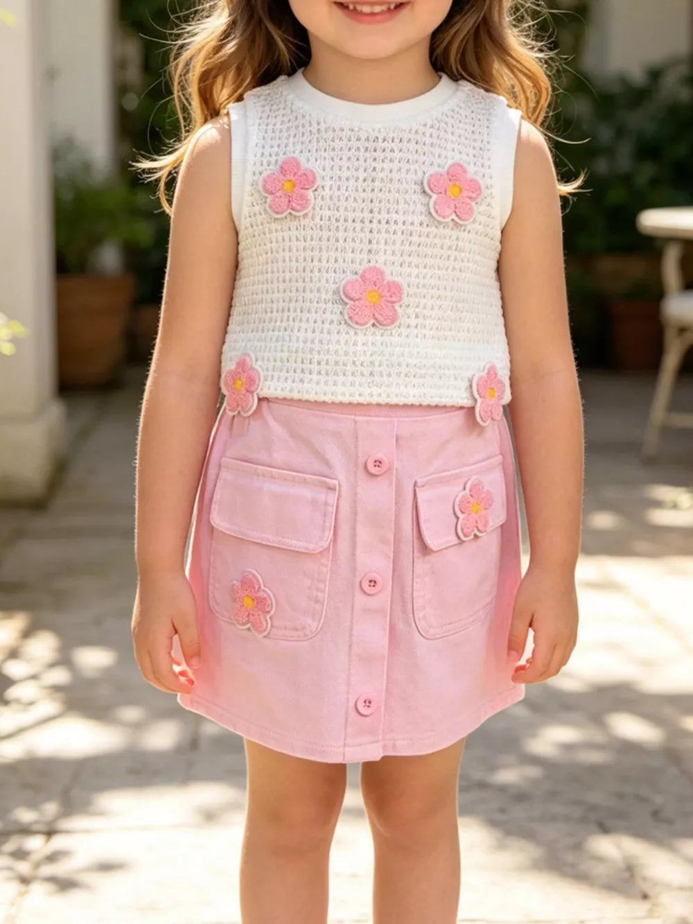 Children's Flower Sleeveless Top And Skirt Set, front view