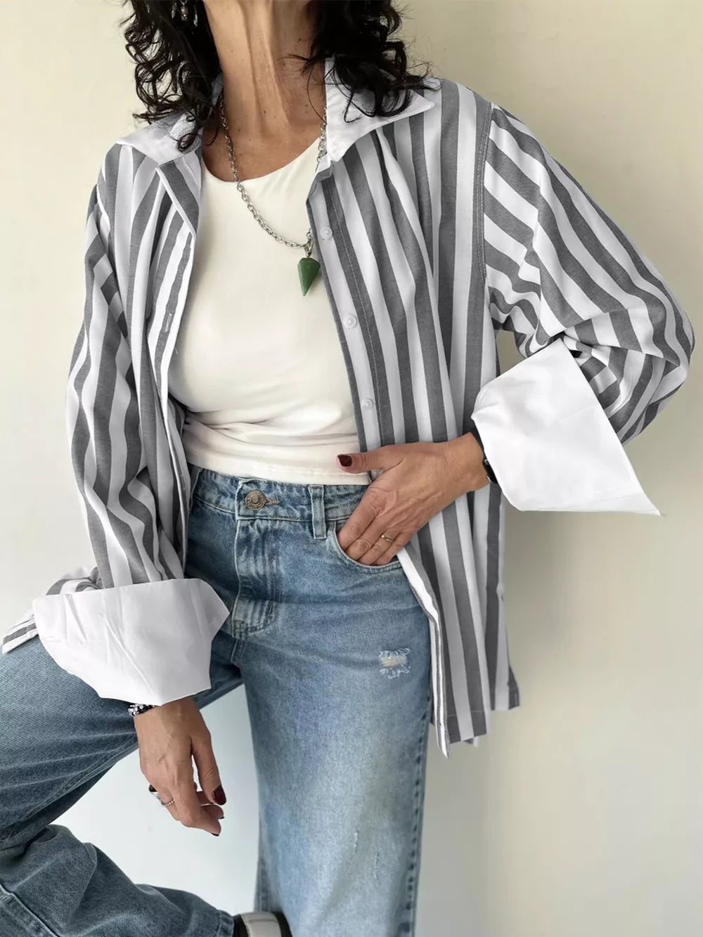 Striped Button-up Long Sleeve Shirt in Gray, close-up detail