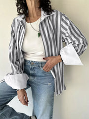 Striped Button-up Long Sleeve Shirt in Gray, close-up detail