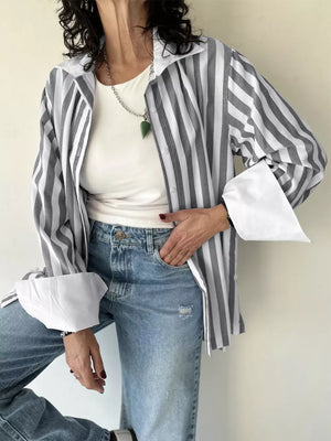 Striped Button-up Long Sleeve Shirt in Gray, close-up detail