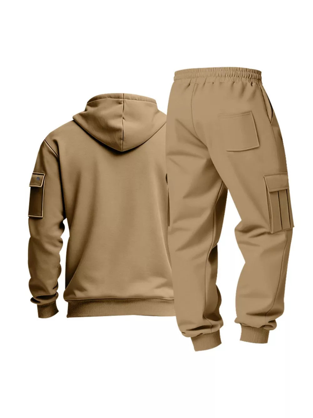 Camel hoodie and cargo sweatpants set with utility pockets.
