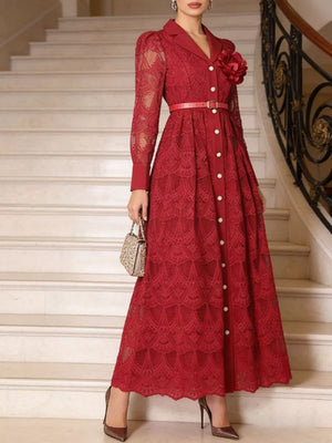Red lace midi dress with button placket, collared neckline, and puff sleeves.
