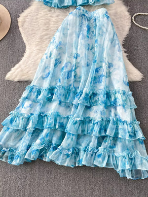 Sky blue floral ruffle bikini set with bow detail