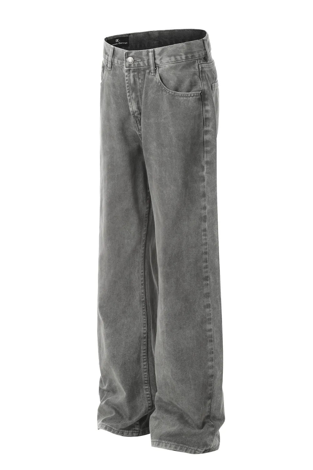 Gray acid wash denim wide-leg trousers with a relaxed fit.
