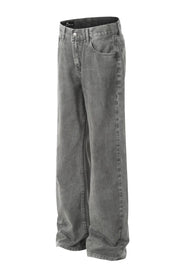 Gray acid wash denim wide-leg trousers with a relaxed fit.