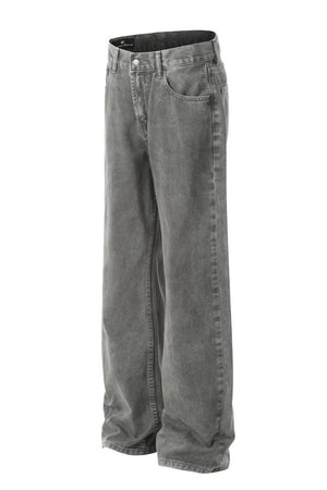 Gray acid wash denim wide-leg trousers with a relaxed fit.
