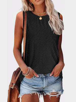 Black textured sleeveless shell top with round neckline.