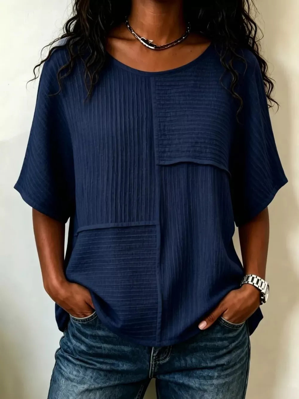 Full Size Texture Round Neck Half Sleeve Blouse, alternate angle