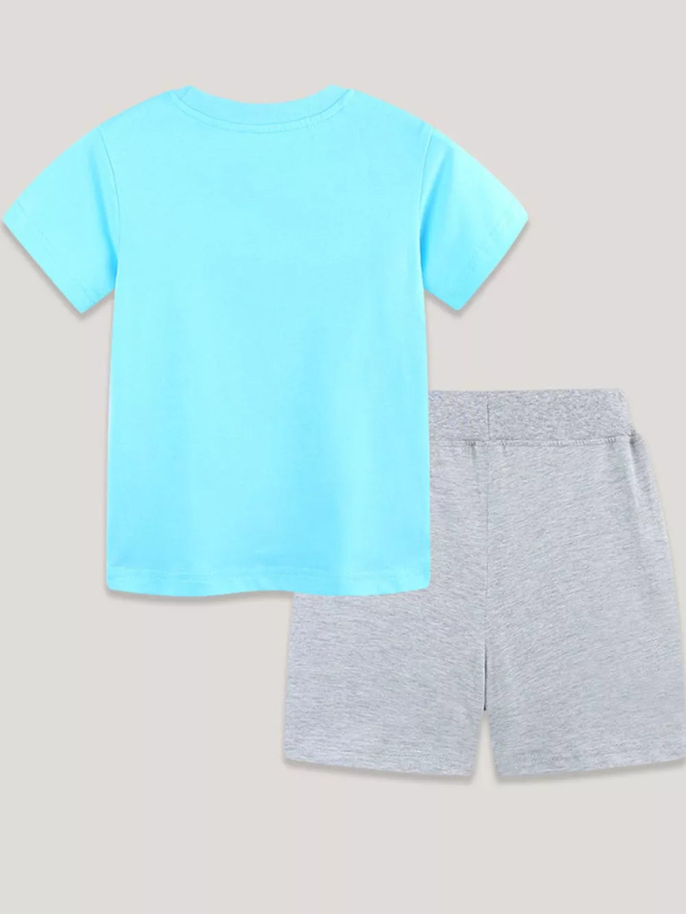 Baby blue cotton blend graphic tee and grey shorts set.