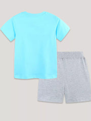 Baby blue cotton blend graphic tee and grey shorts set.